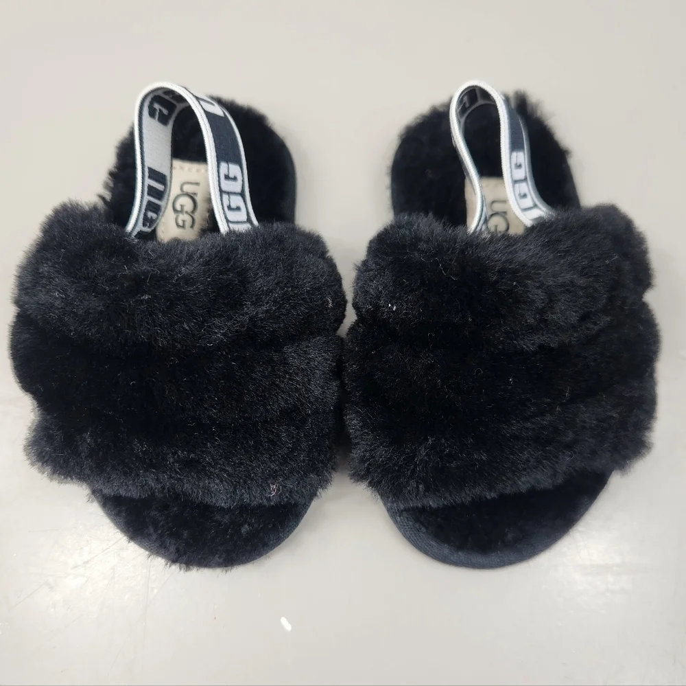 UGG Toddler Oh Yeah Fluffy Shearling Sheepskin Slingback Slipper Black 6